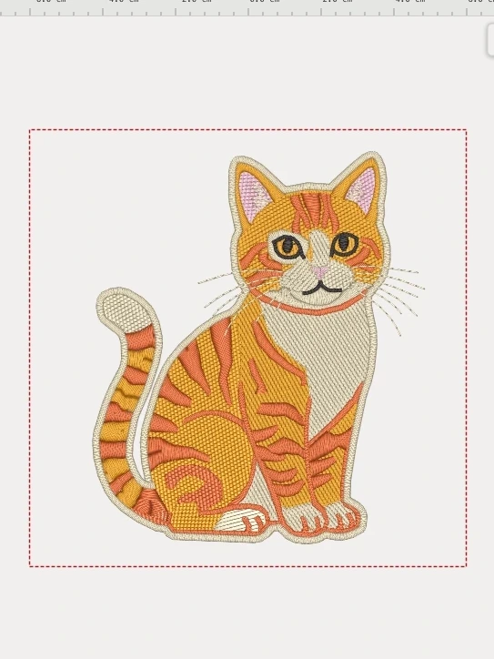 The same cat redrawn on the Boldbobbin canvas as embroidery shapes, inside the dashed hoop boundary.