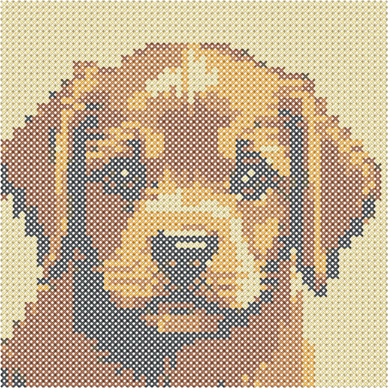 The same pixel art stitched as a cross-stitch design, one thread cross per pixel, rendered on fabric.