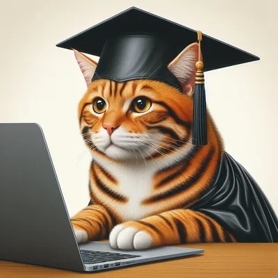 A painted ginger tabby cat in a graduation cap and gown, typing on a laptop.