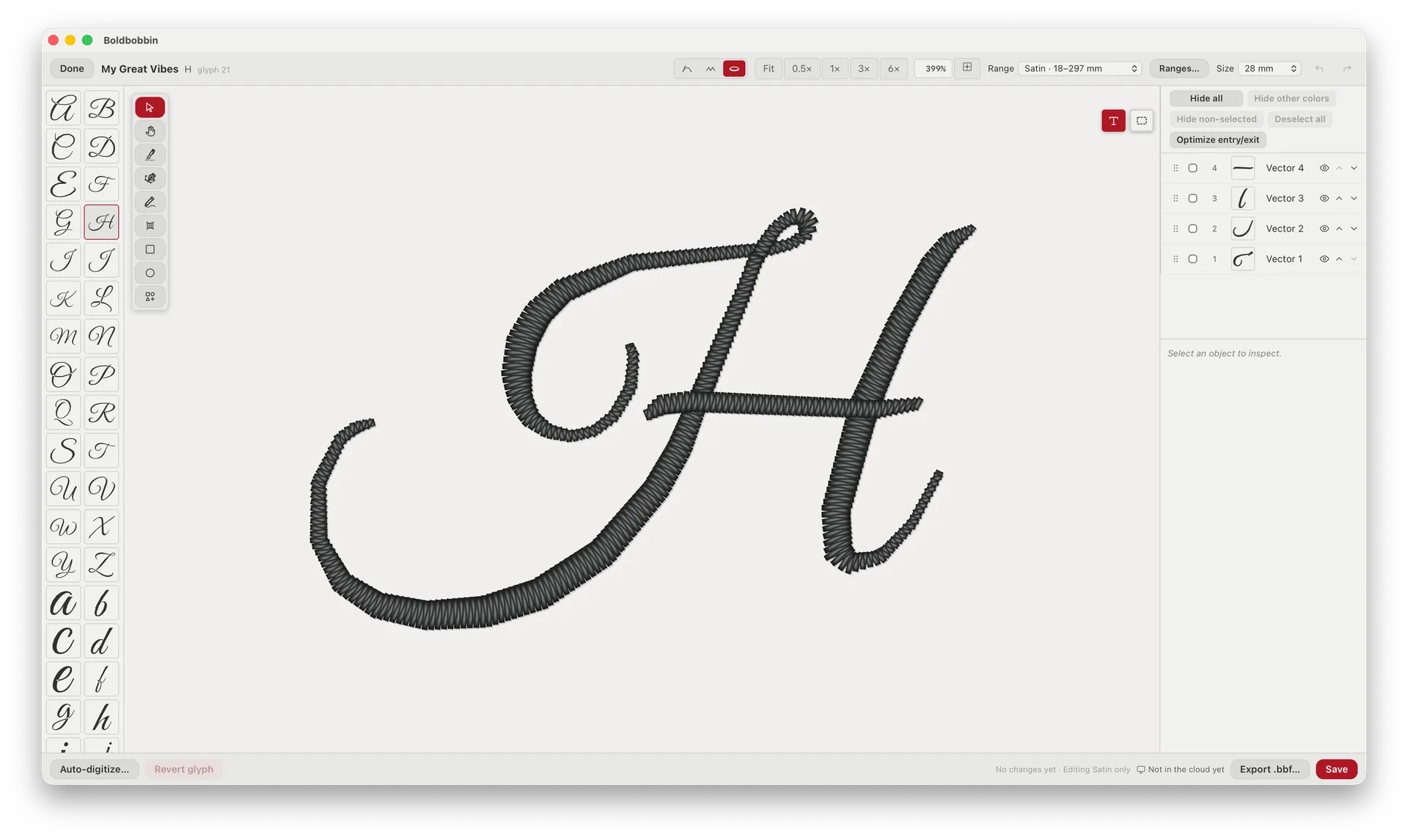 The Boldbobbin lettering editor with the capital H of Great Vibes open, satin stitches following each stroke, the alphabet running down the left and the stitch objects listed on the right.