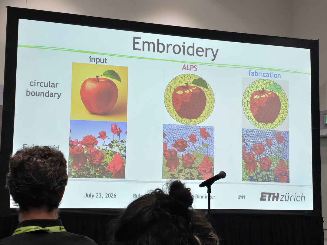 A conference slide titled Embroidery, showing an apple and a rose photograph converted into triangulated geometry for fabrication, with the ETH Zurich logo.