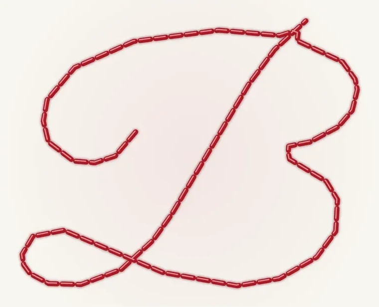 A capital B in a script face stitched as a running stitch, a single line of dashes down the middle of each stroke.