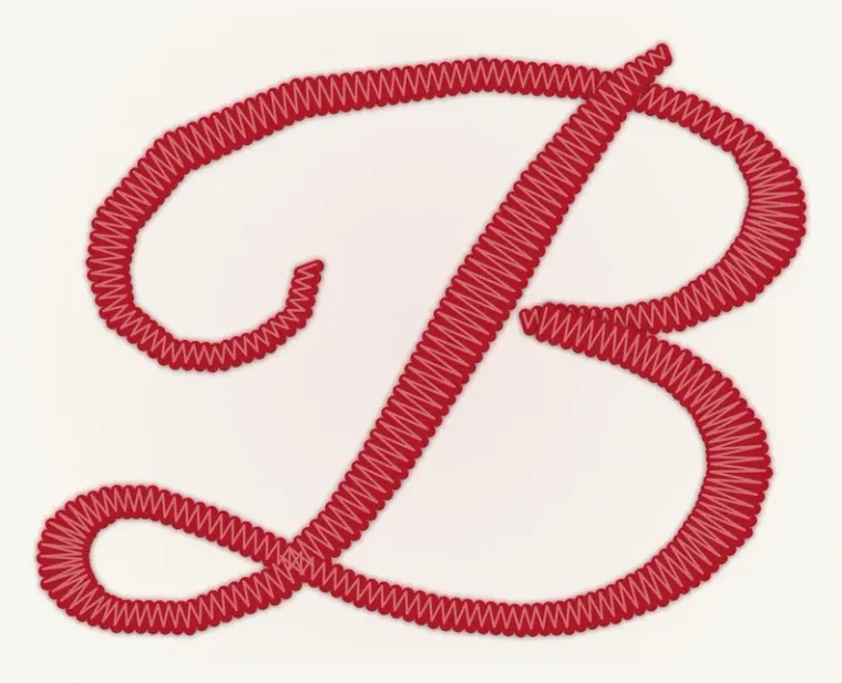 The same capital B stitched as satin, a dense ribbon of thread laid across the full width of each stroke.