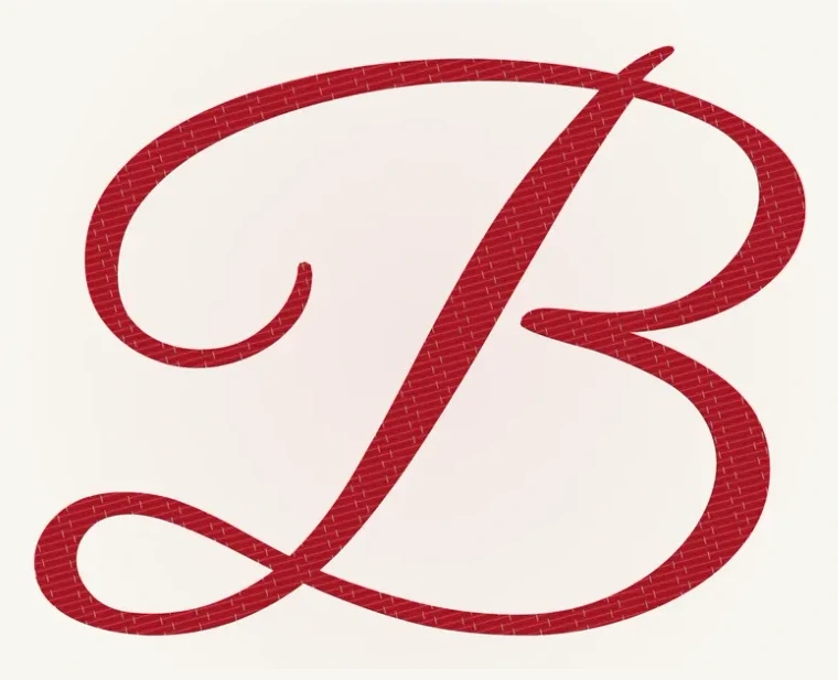 The same capital B stitched as tatami, the strokes filled row by row with short parallel stitches.